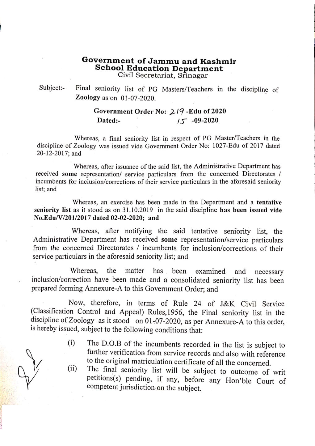 Annexure-"A" to Government Order No. 219 -Edu of 2020 Dated 15 -09-2020