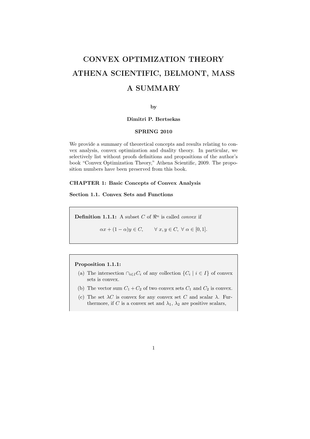 Convex Optimization Theory, Athena Scientific: a Summary