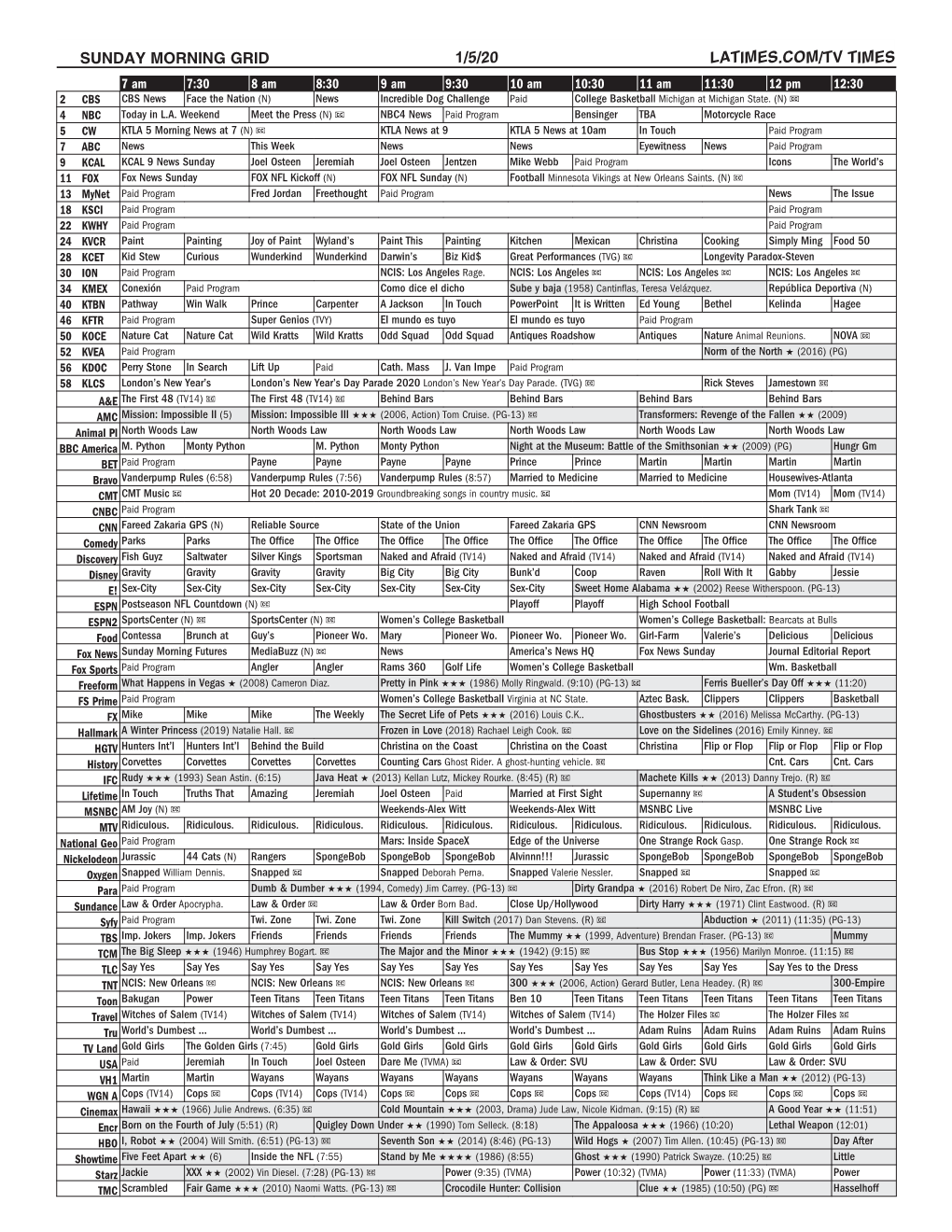 Sunday Morning Grid 1/5/20 Latimes.Com/Tv Times