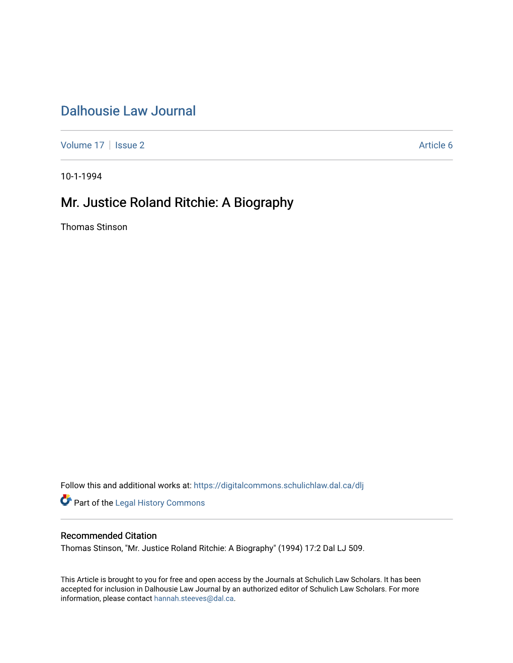 Mr. Justice Roland Ritchie: a Biography