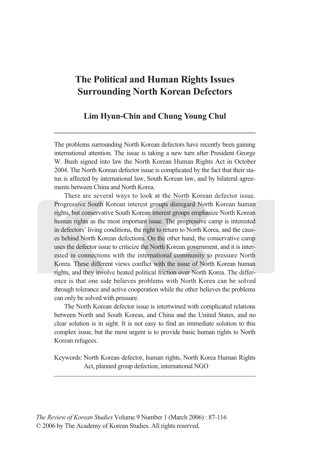 The Political and Human Rights Issues Surrounding North Korean Defectors