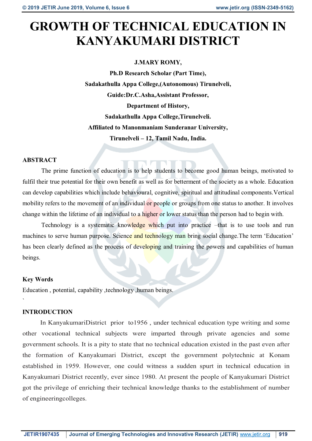 Growth of Technical Education in Kanyakumari District