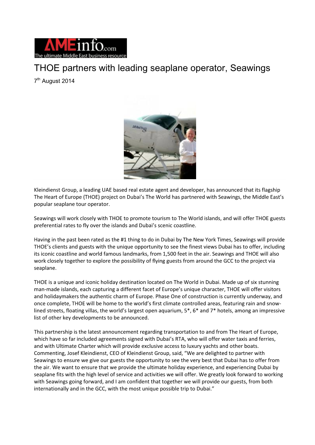 THOE Partners with Leading Seaplane Operator, Seawings 7Th August 2014
