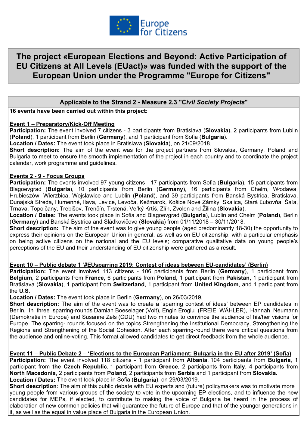 Euact)» Was Funded with the Support of the European Union Under the Programme "Europe for Citizens"