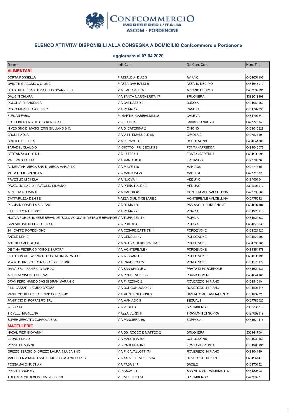 ELENCO ATTIVITA' DISPONIBILI ALLA CONSEGNA a DOMICILIO Confcommercio Pordenone