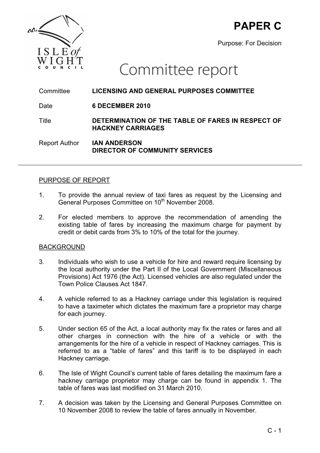 Fares in Respect of Hackney Carriages