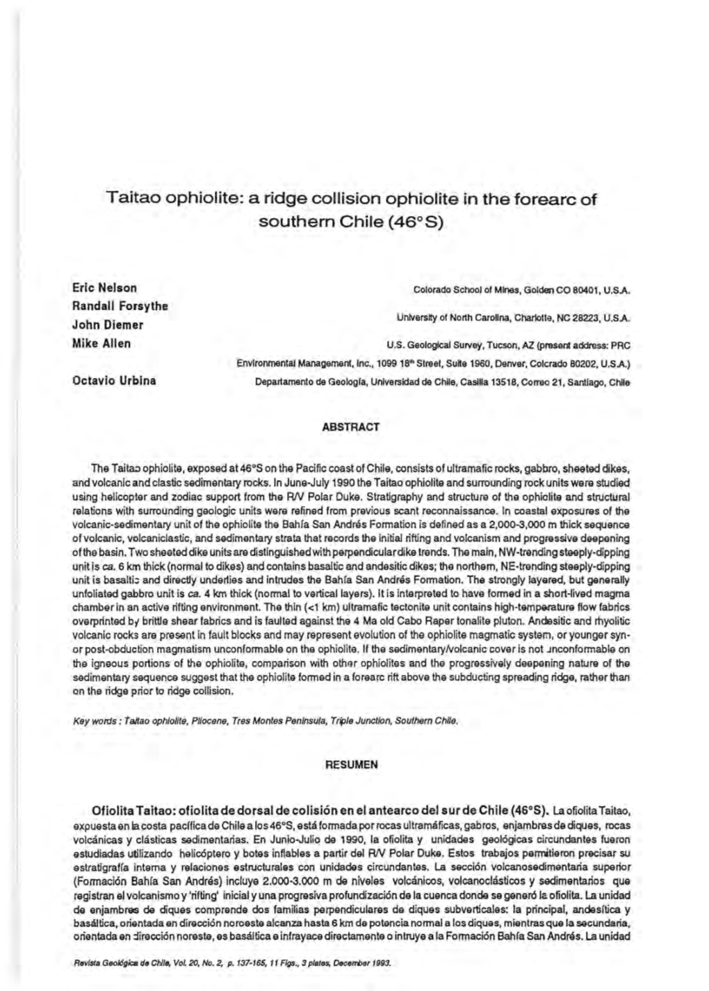 Taitao Ophiolite: a Ridge Eollision Ophiolite in the Toreare of Southern Chile (460 S)