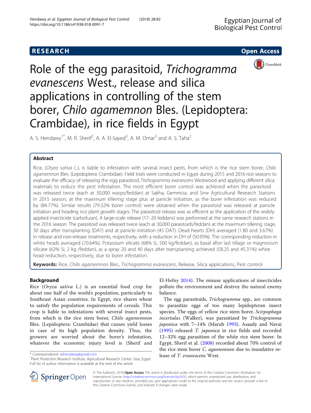 Role of the Egg Parasitoid, Trichogramma Evanescens West., Release and Silica Applications in Controlling of the Stem Borer, Chilo Agamemnon Bles