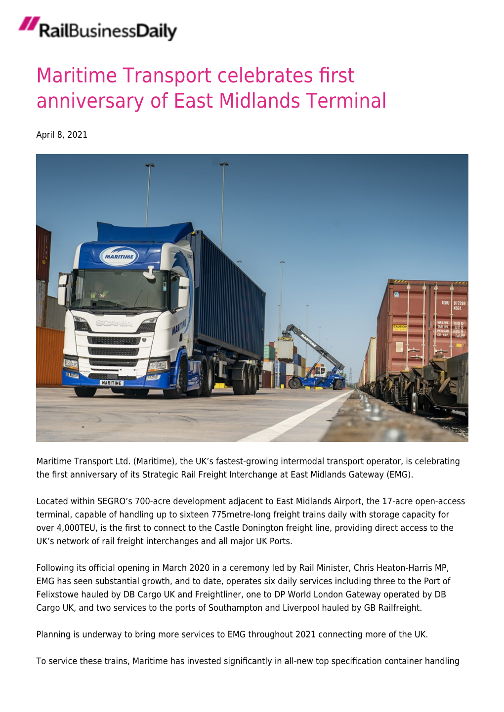 Maritime Transport Celebrates First Anniversary of East Midlands