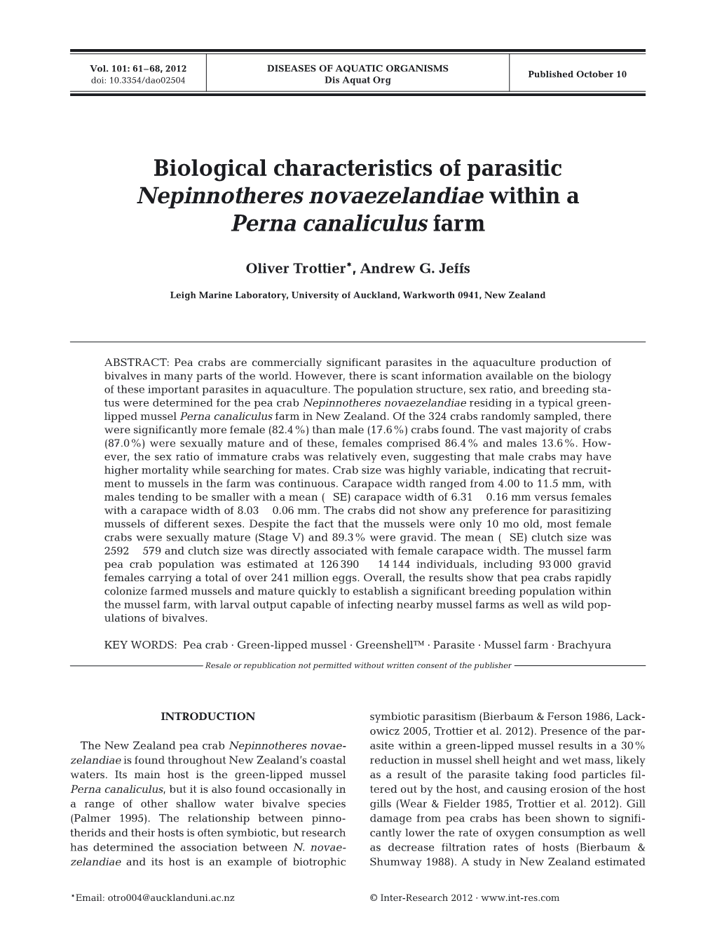 Biological Characteristics of Parasitic Nepinnotheres Novaezelandiae Within a Perna Canaliculus Farm