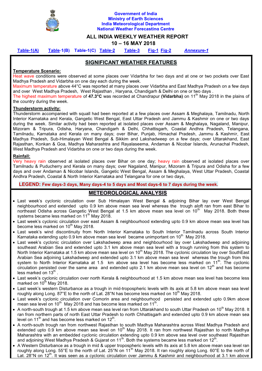 All India Weekly Weather Report 10 – 16 May 2018 Significant Weather Features Meteorological Analysis