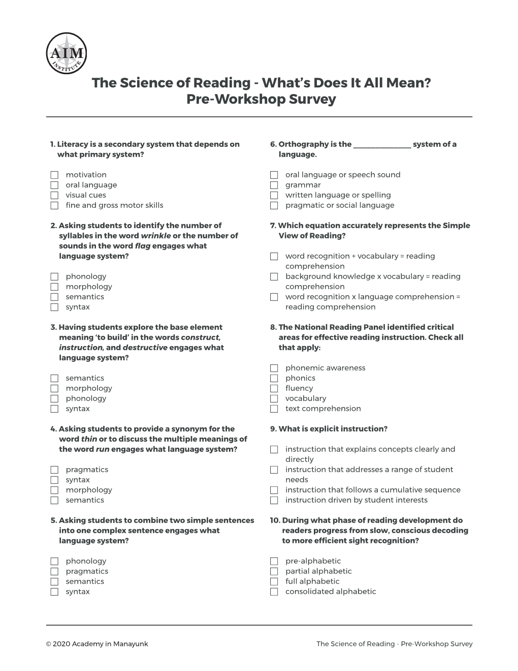 The Science of Reading - What’S Does It All Mean? Pre-Workshop Survey