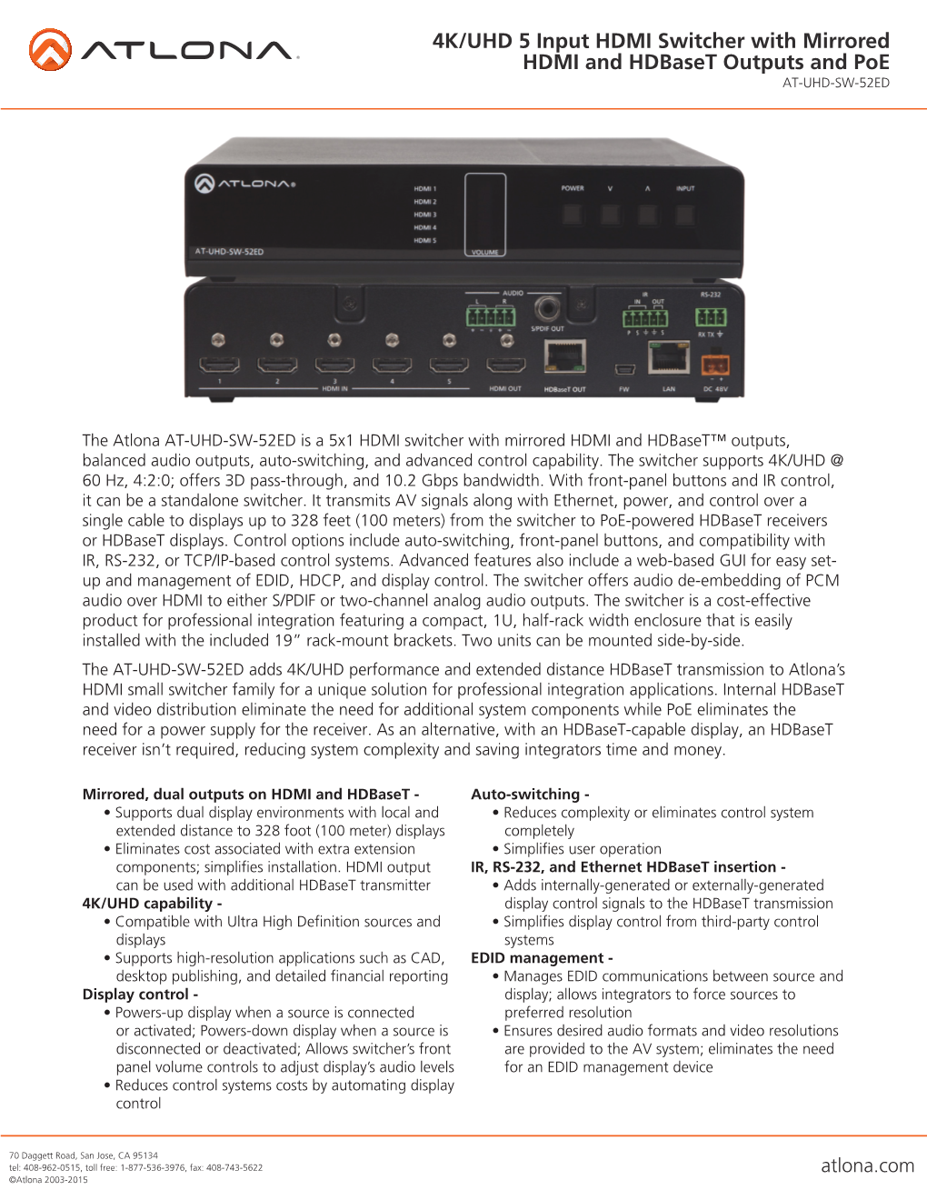 4K/UHD 5 Input HDMI Switcher with Mirrored HDMI and Hdbaset Outputs and Poe AT-UHD-SW-52ED