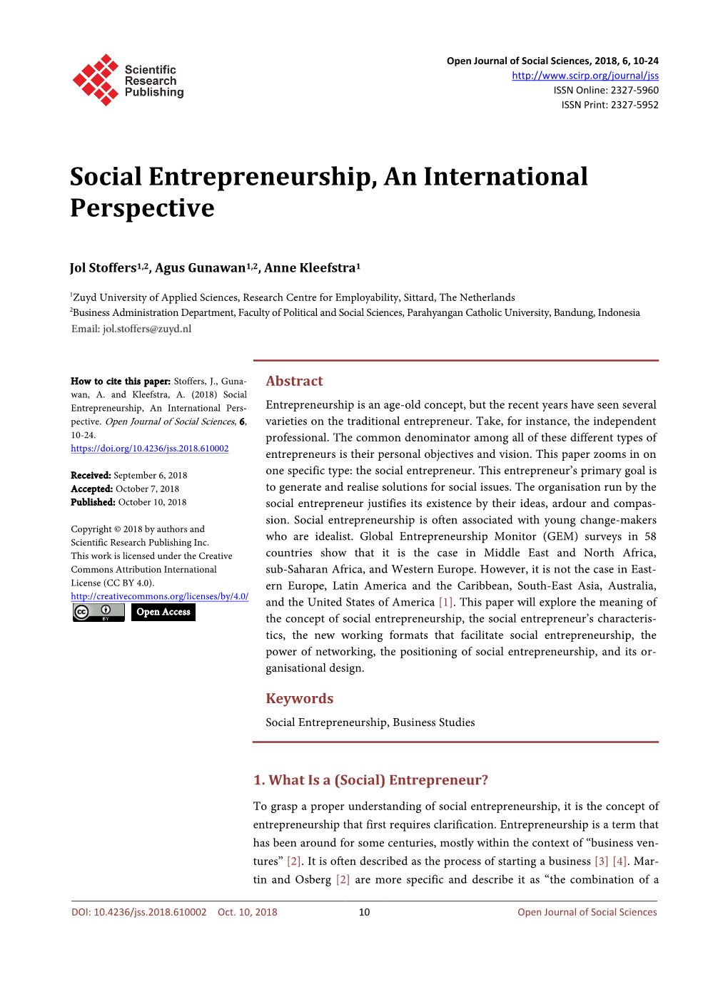 Social Entrepreneurship, an International Perspective