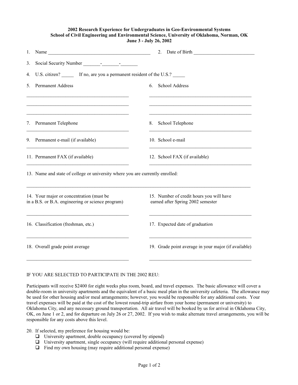 2001 Research Experience for Undergraduates in Geo-Environmental Systems