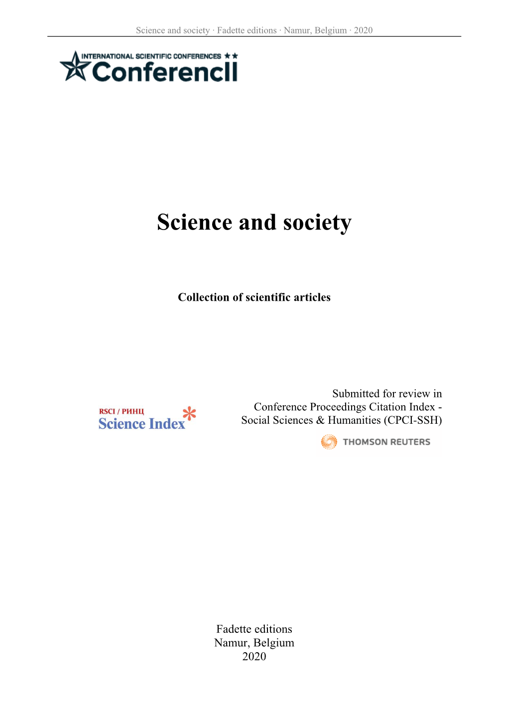 Science and Society ∙ Fadette Editions ∙ Namur, Belgium ∙ 2020