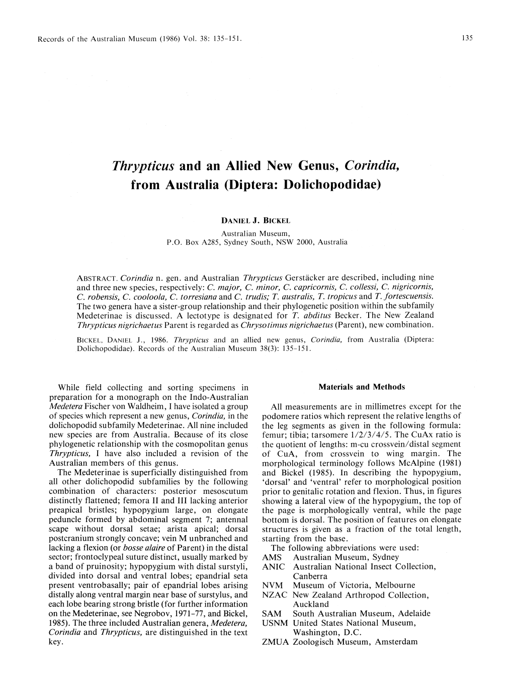 &lt;I&gt;Thrypticus&lt;/I&gt; and an Allied New Genus, &lt;I&gt;Corindia&lt;/I&gt;, from Australia (Diptera: Dolichopodidae)