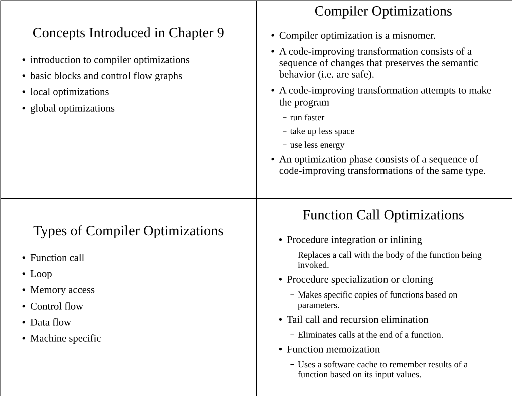 Concepts Introduced in Chapter 9 Compiler Optimizations Types Of