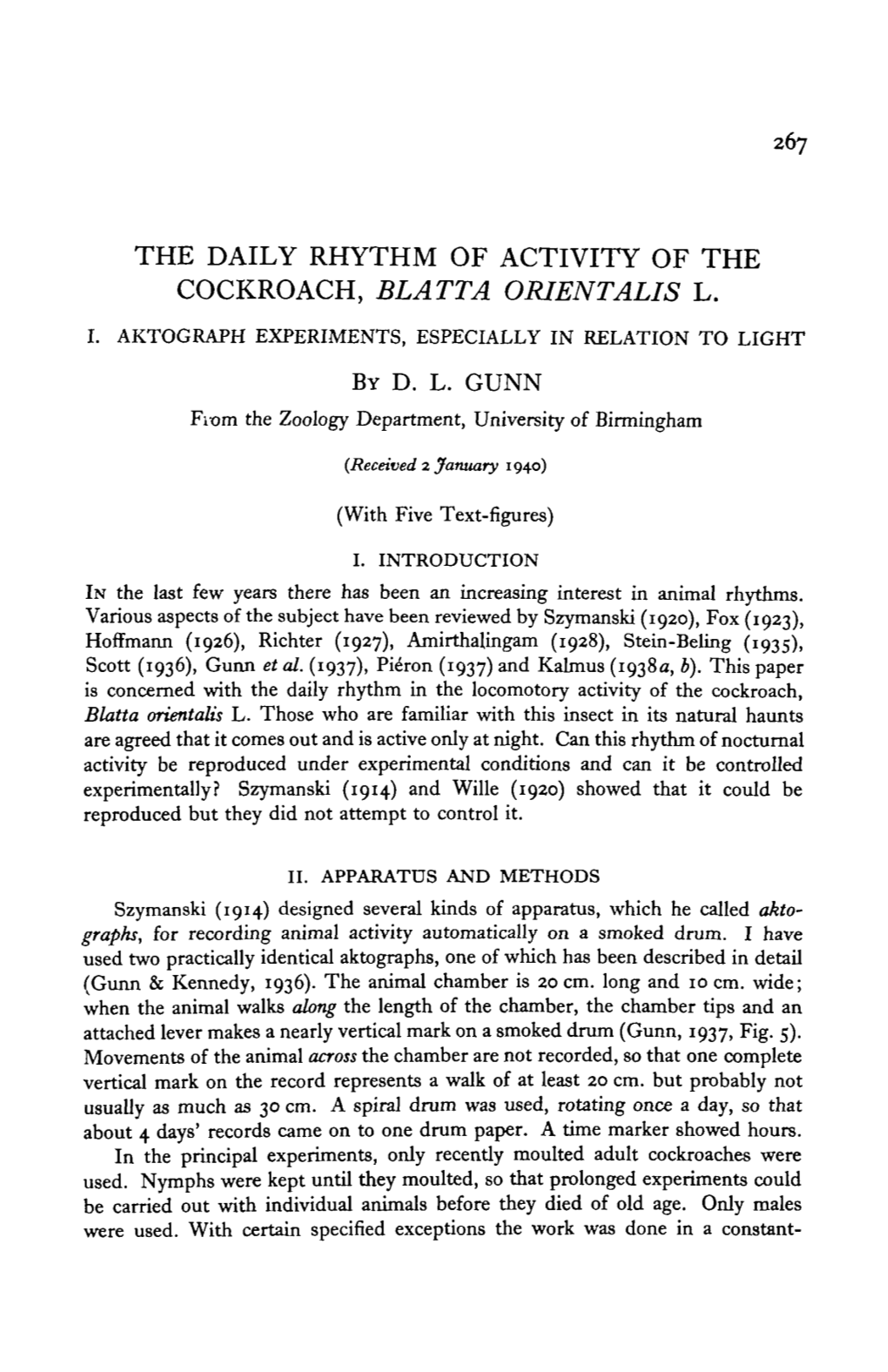 The Daily Rhythm of Activity of the Cockroach, Blatta Orientalis L