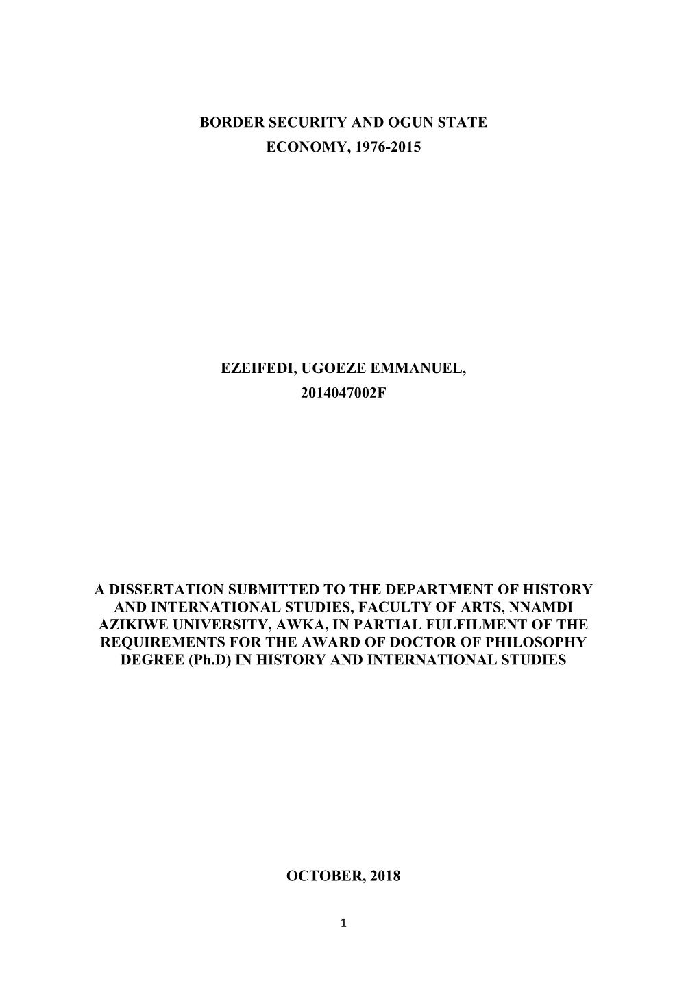 Border Security and Ogun State Economy, 1976-2015 Ezeifedi, Ugoeze