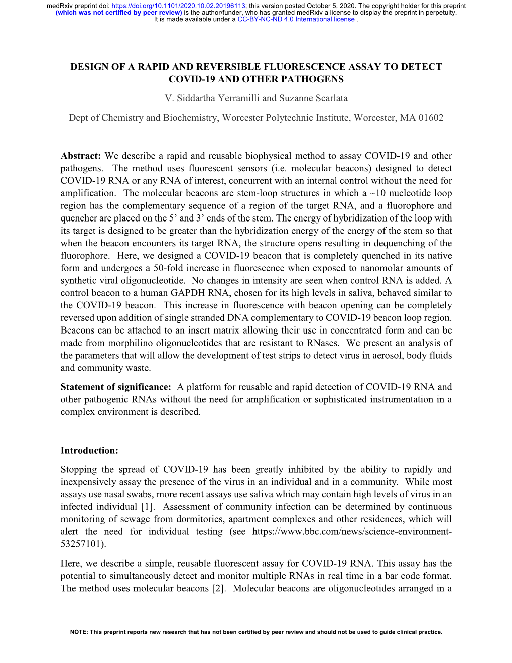 Design of a Rapid and Reversible Fluorescence Assay to Detect Covid-19 and Other Pathogens V