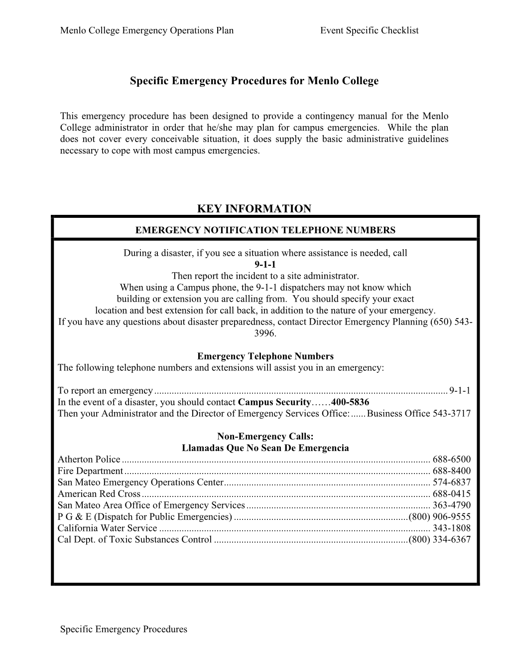 Specific Emergency Procedures for Menlo College