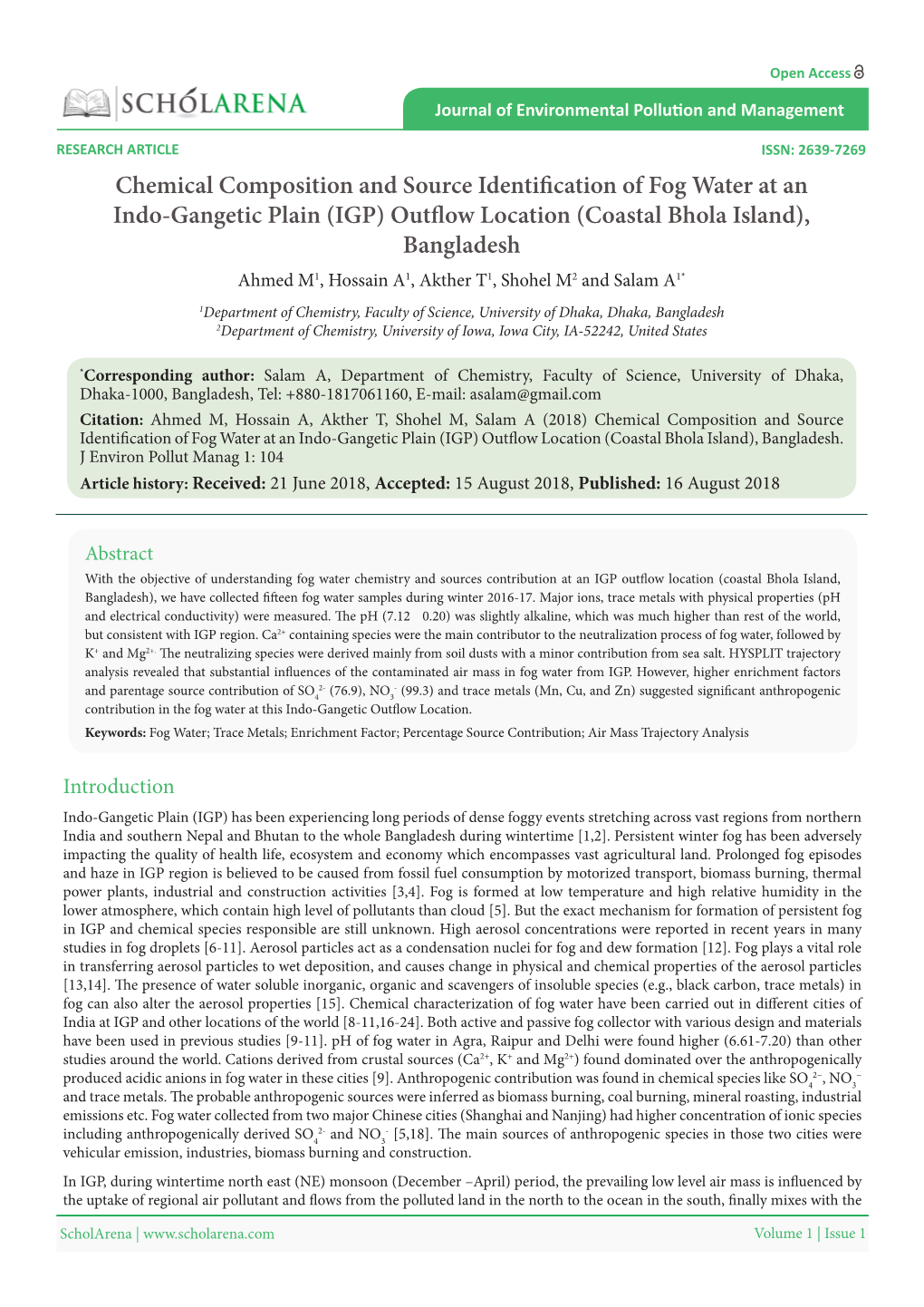 Chemical Composition and Source Identification of Fog Water at an Indo-Gangetic Plain