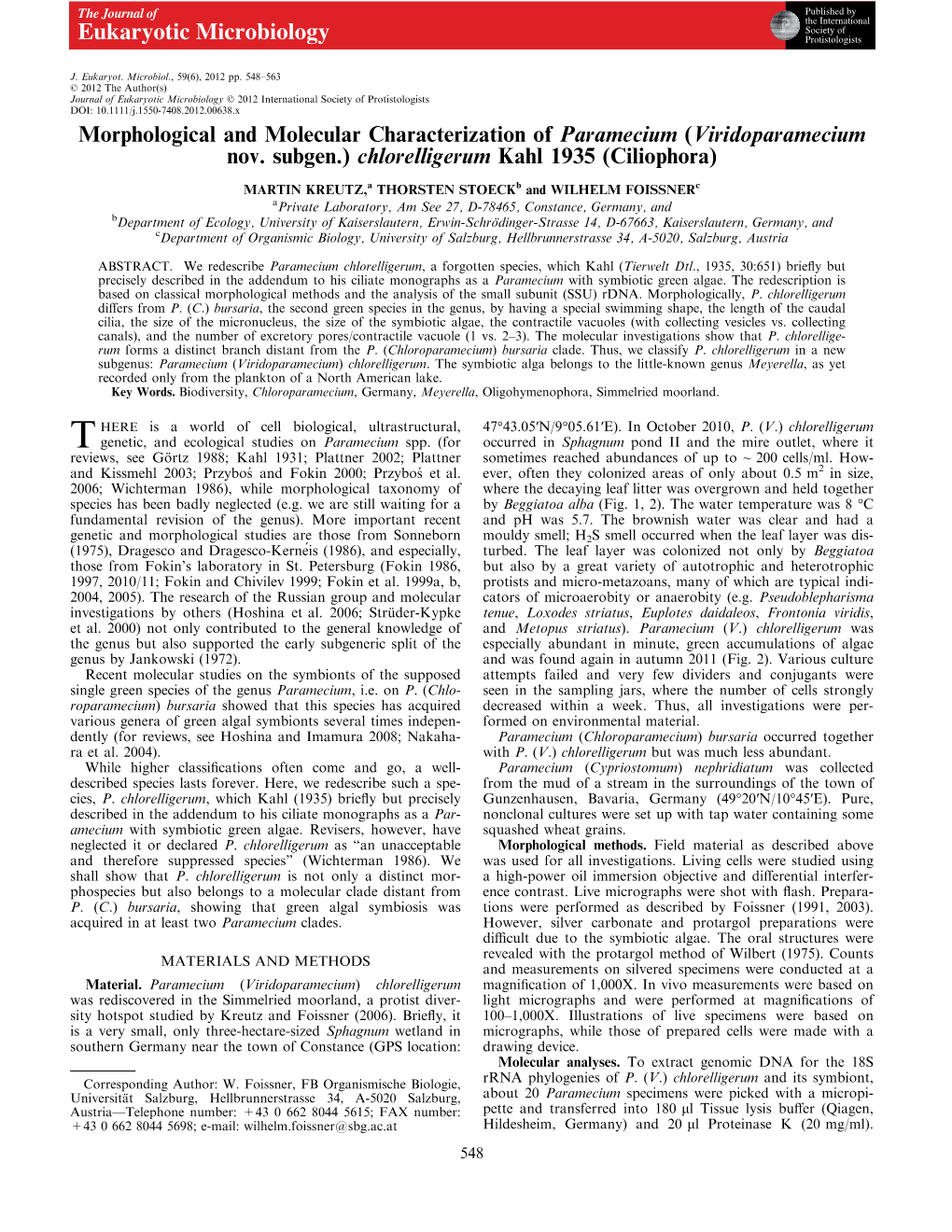 Viridoparamecium Nov. Subgen.) Chlorelligerum Kahl (Ciliophora