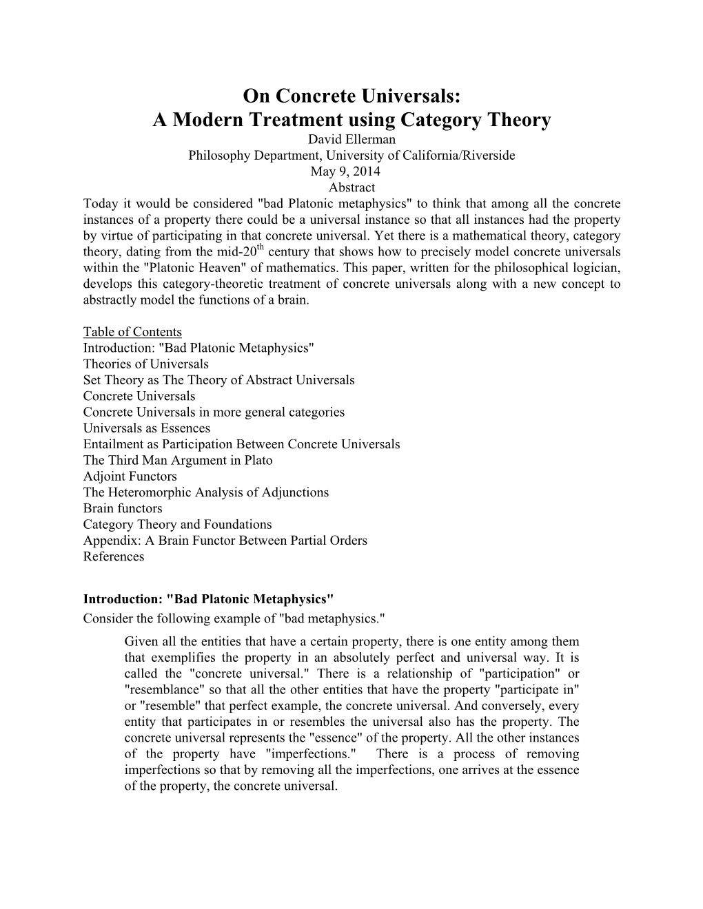 On Concrete Universals and Category Theory