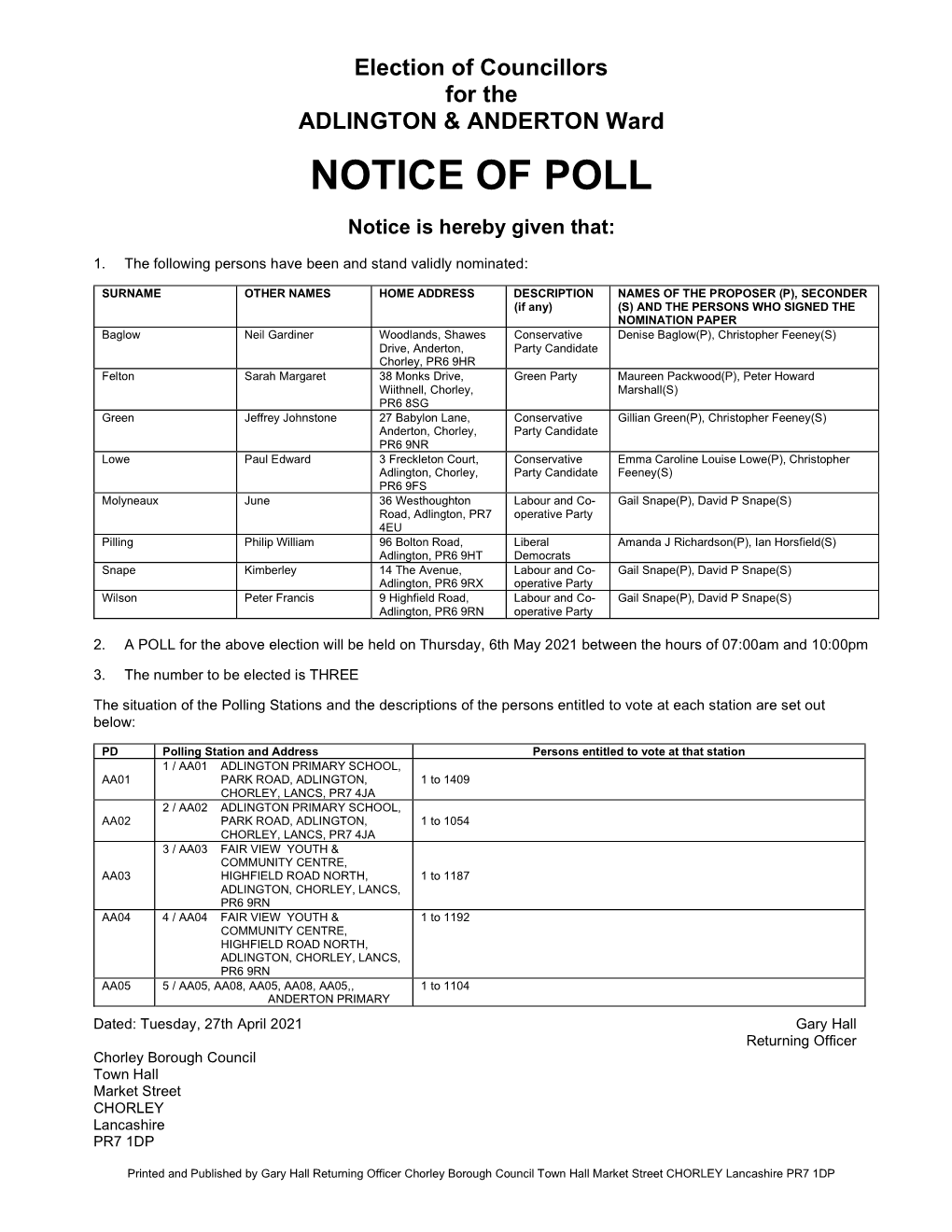 Chorley Borough Council Notice of Poll and Situation of Polling Stations