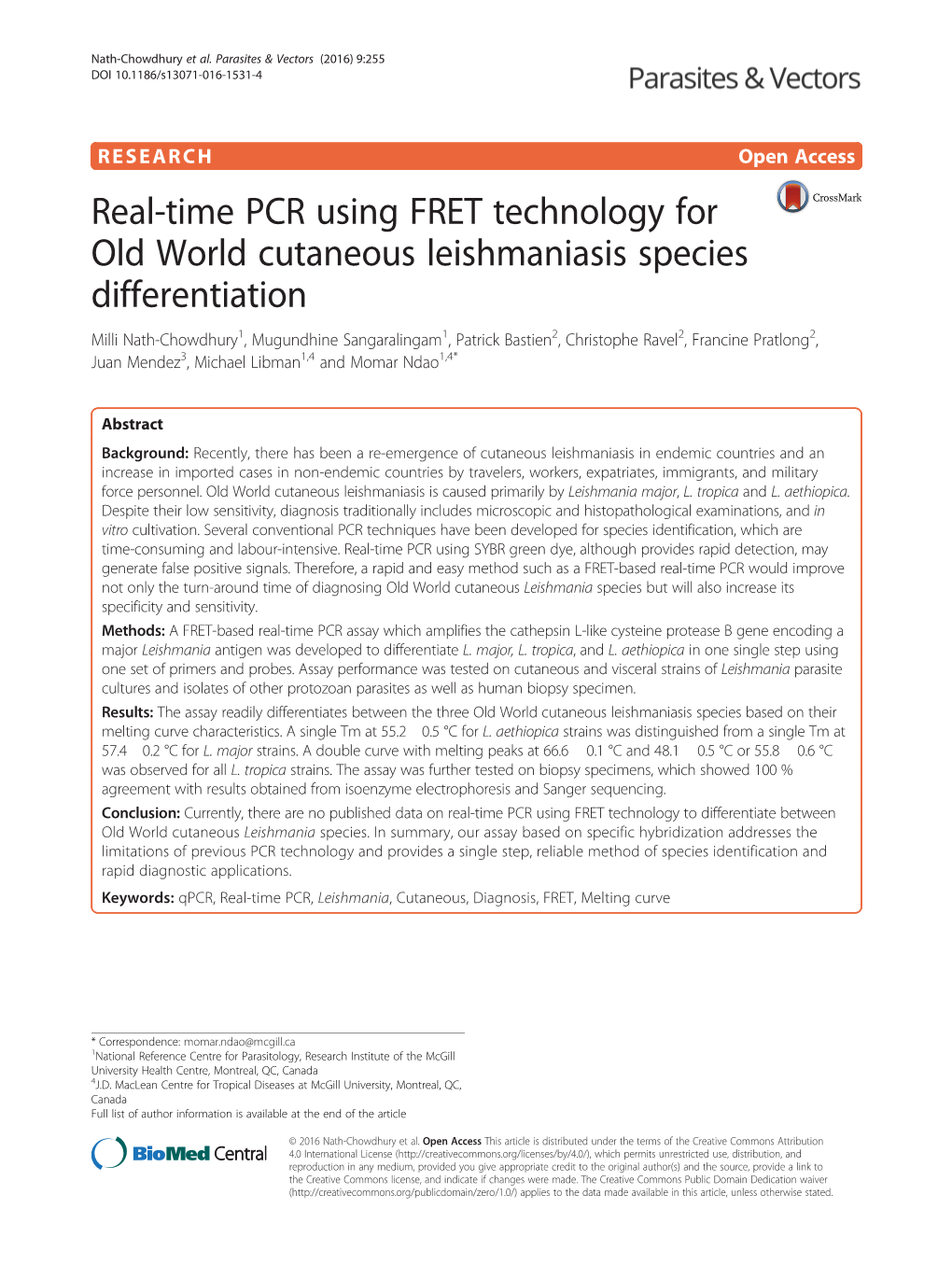 Real-Time PCR Using FRET Technology for Old World Cutaneous