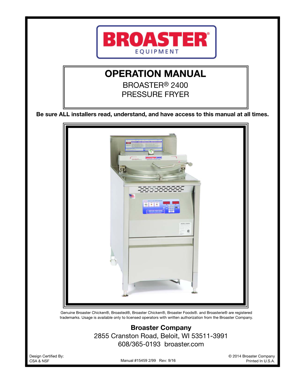 Operation Manual Broaster® 2400 Pressure Fryer