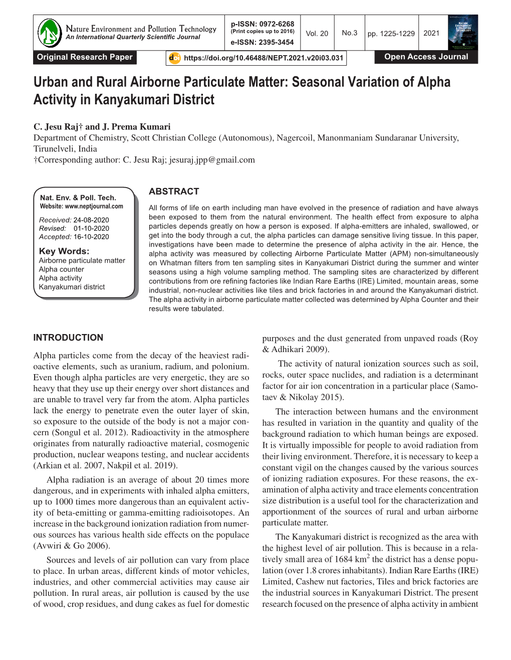 Urban and Rural Airborne Particulate Matter: Seasonal Variation of Alpha Activity in Kanyakumari District