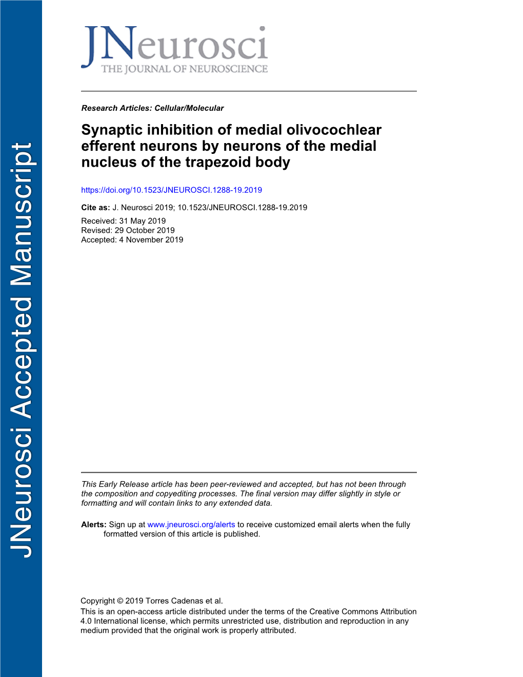 Synaptic Inhibition of Medial Olivocochlear Efferent Neurons by Neurons of the Medial Nucleus of the Trapezoid Body