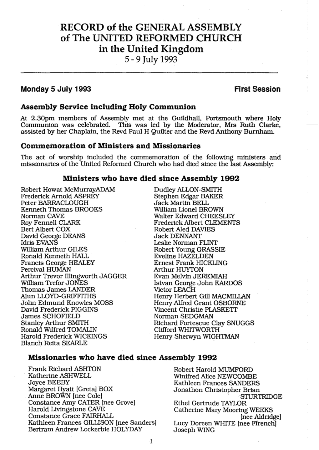 RECORD of the GENERAL ASSEMBLY of the UNITED REFORMED CHURCH in the United Kingdom 5- 9July1993