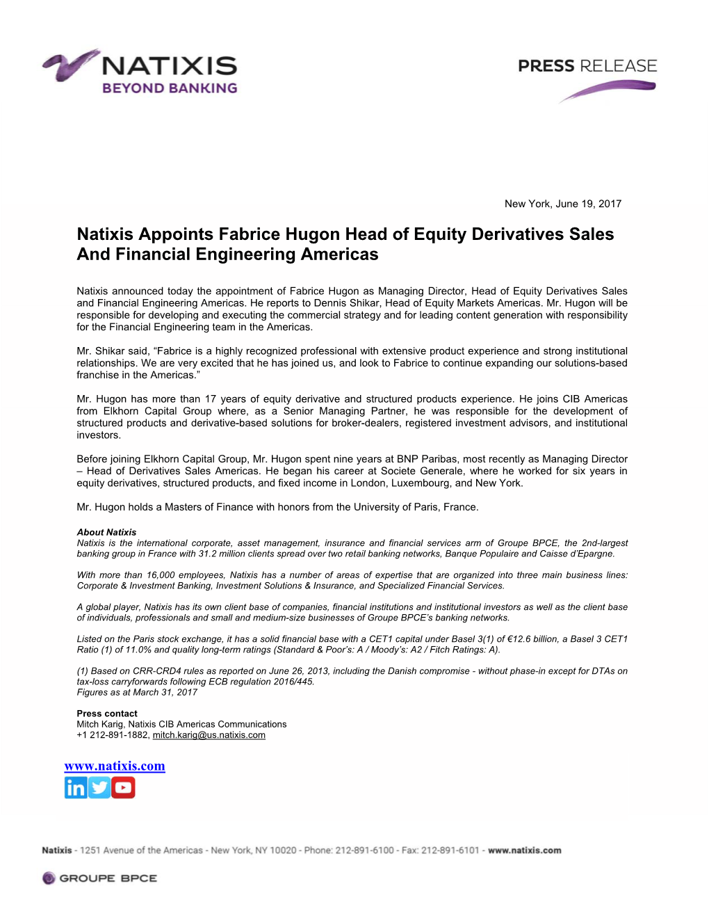 Natixis Appoints Fabrice Hugon Head of Equity Derivatives Sales and Financial Engineering Americas
