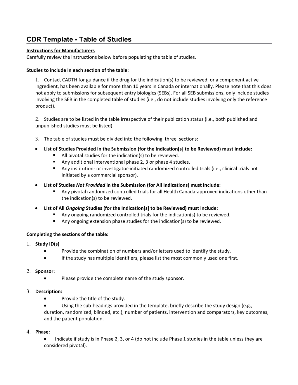 CDR Template - Table of Studies