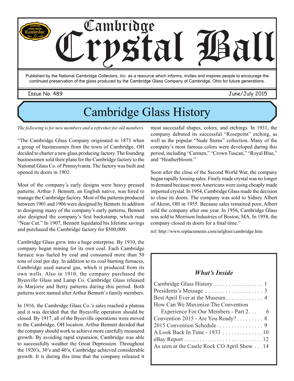 June/July 2015 Cambridge Glass History