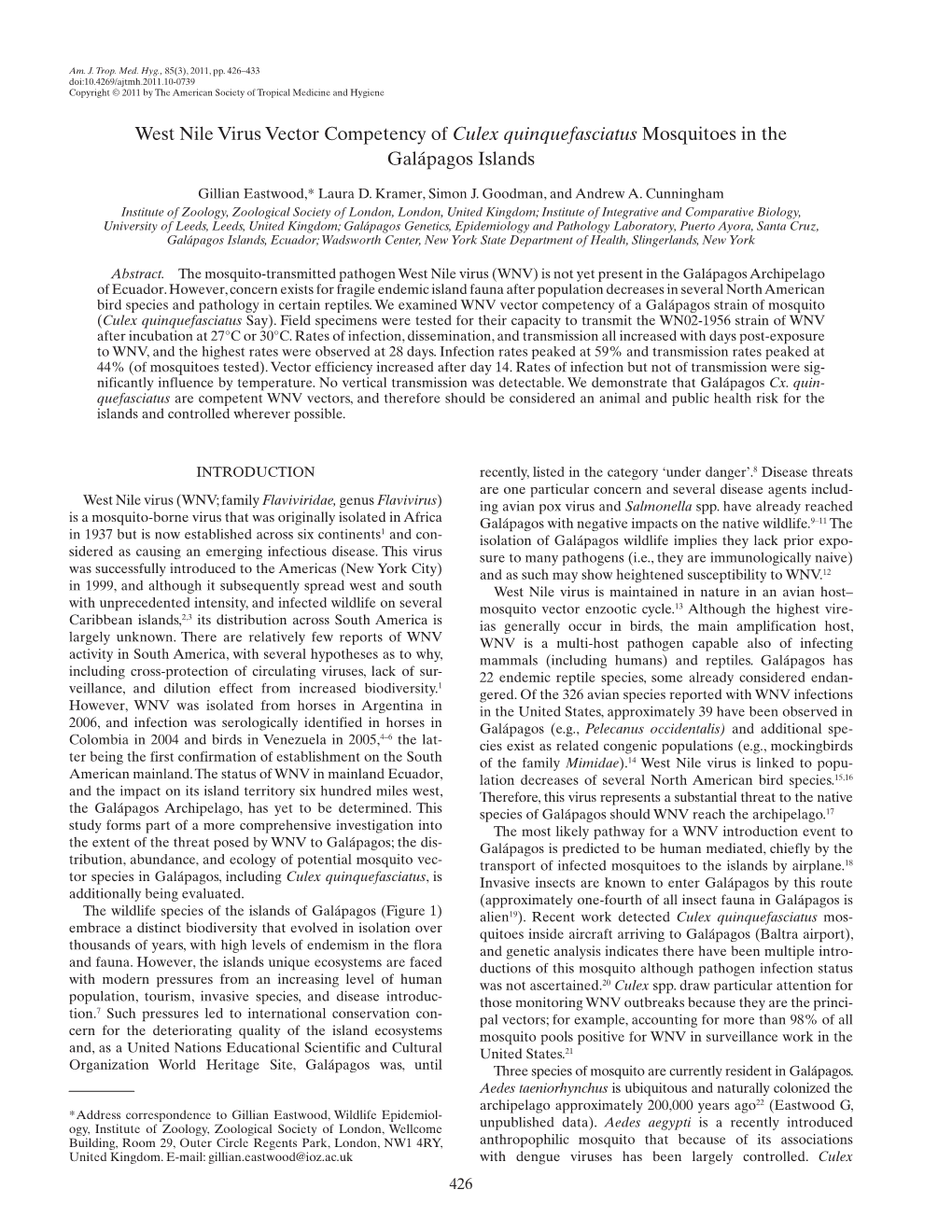 West Nile Virus Vector Competency of Culex Quinquefasciatus Mosquitoes in the Galápagos Islands