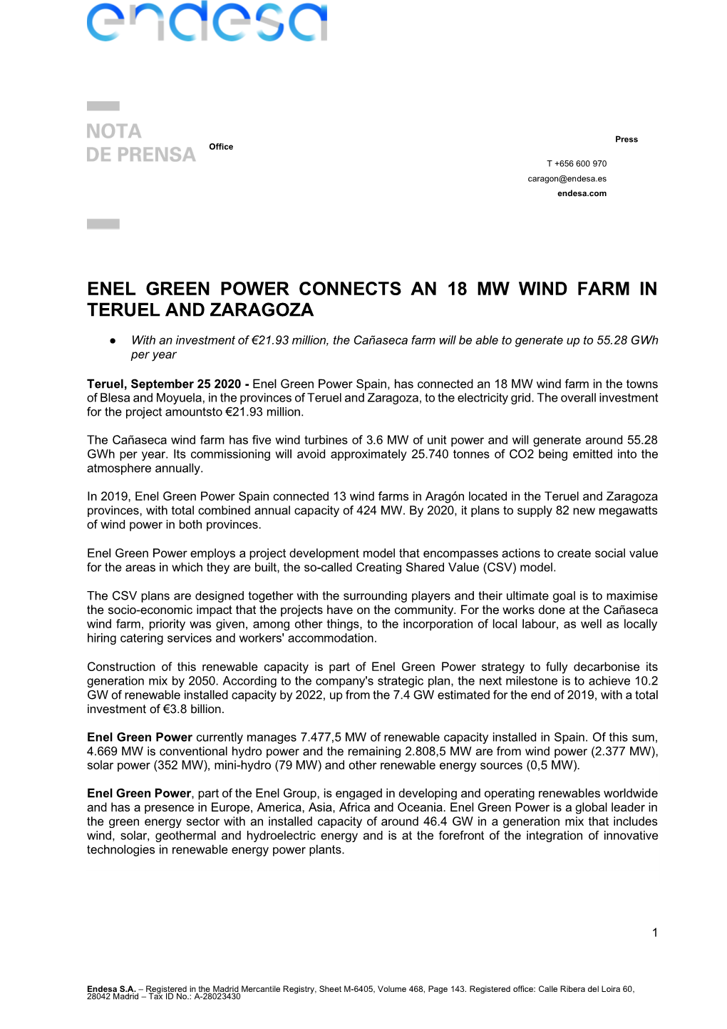Enel Green Power Connects an 18 Mw Wind Farm in Teruel and Zaragoza