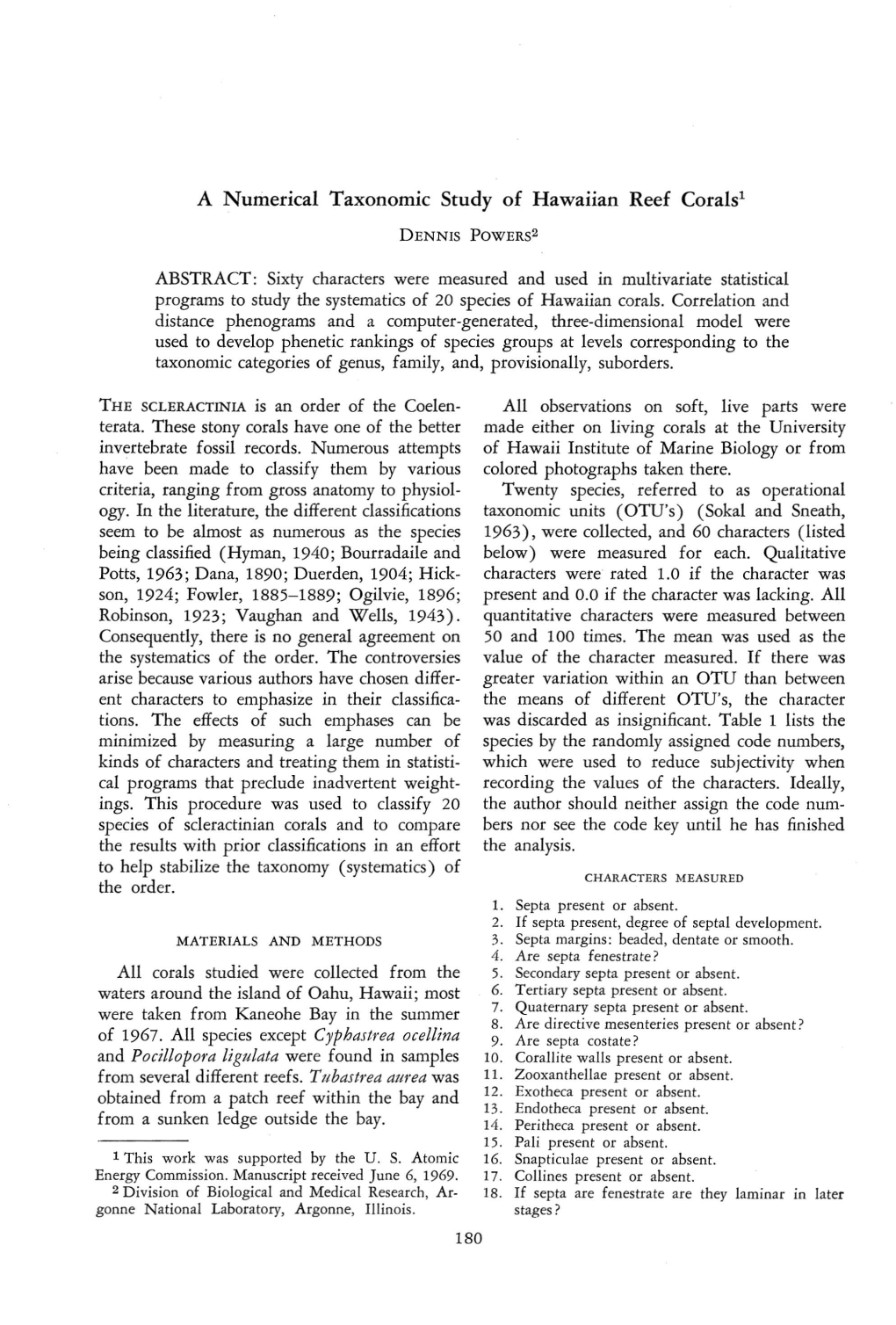 A Numerical Taxonomic Study of Hawaiian Reef Corals! DENNIS POWERS2