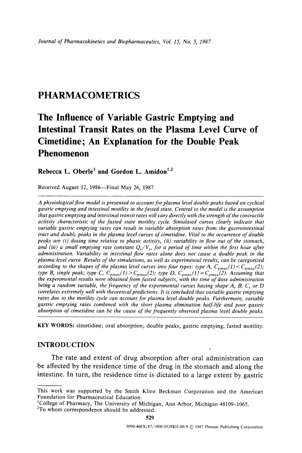 The Influence of Variable Gastric Emptying and Intestinal Transit Rates on the Plasma Level Curve of Cimetidine; an Explanation for the Double Peak Phenomenon