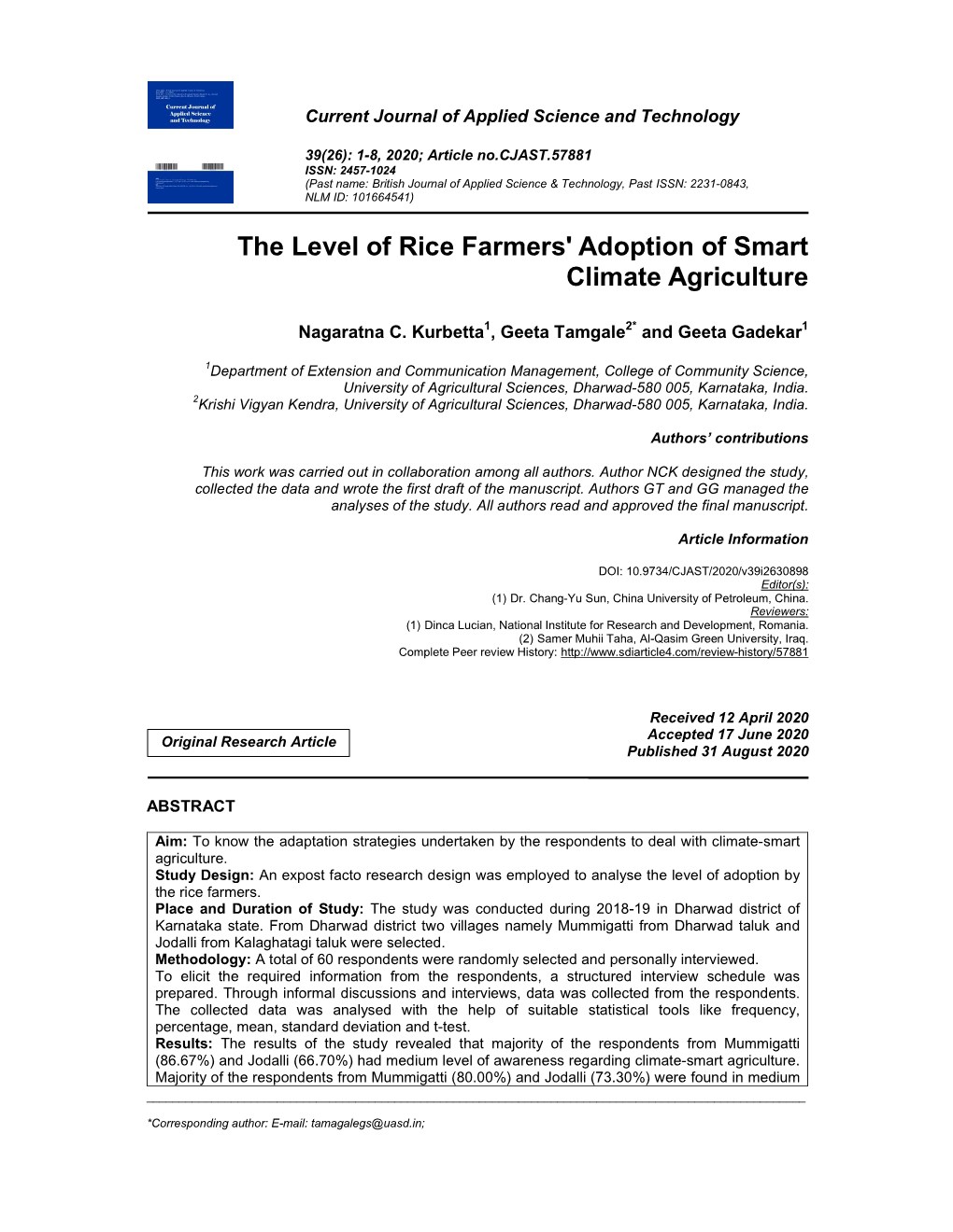 The Level of Rice Farmers' Adoption of Smart Climate Agriculture