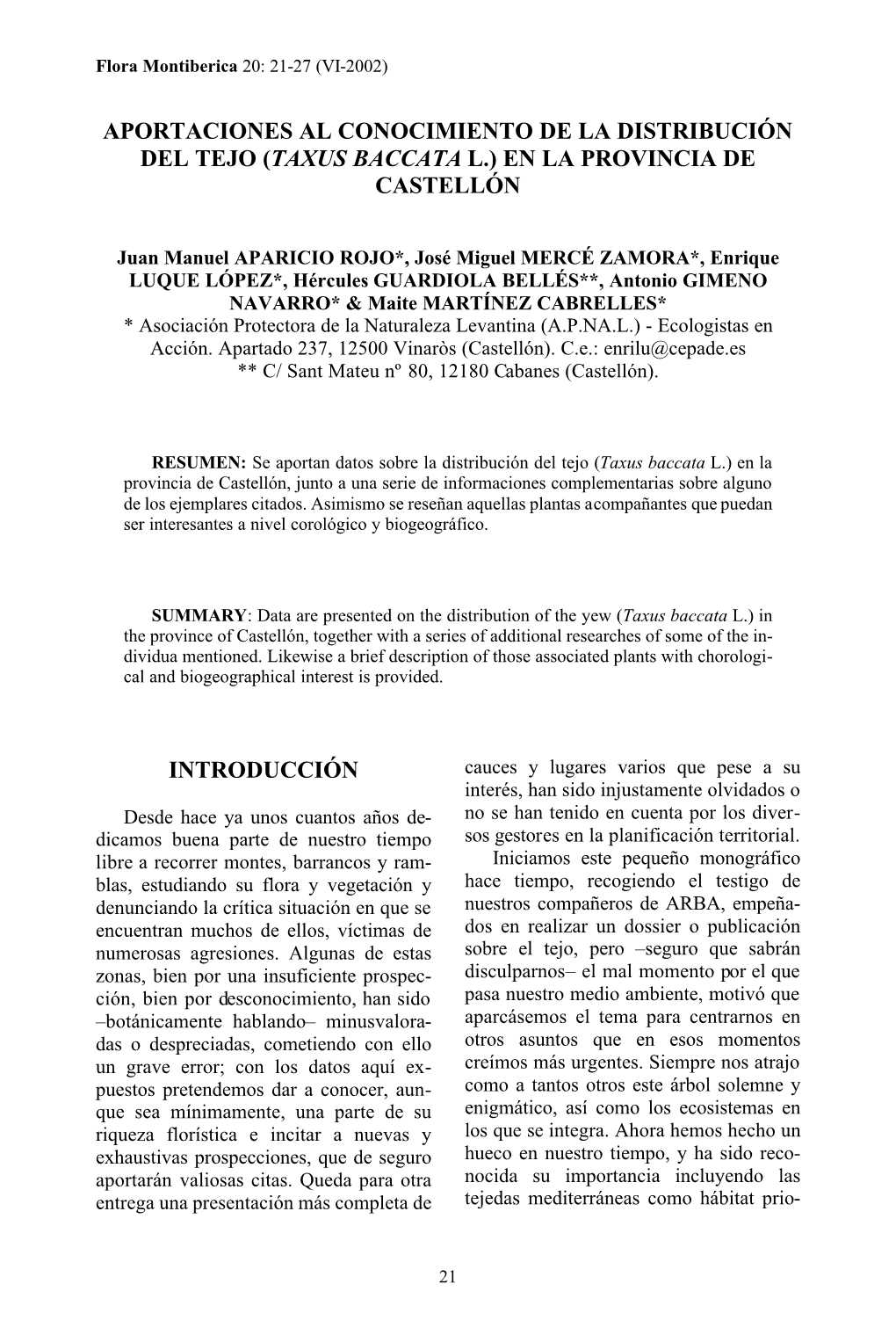 Aportaciones Al Conocimiento De La Distribución Del Tejo (Taxus Baccata L.) En La Provincia De Castellón