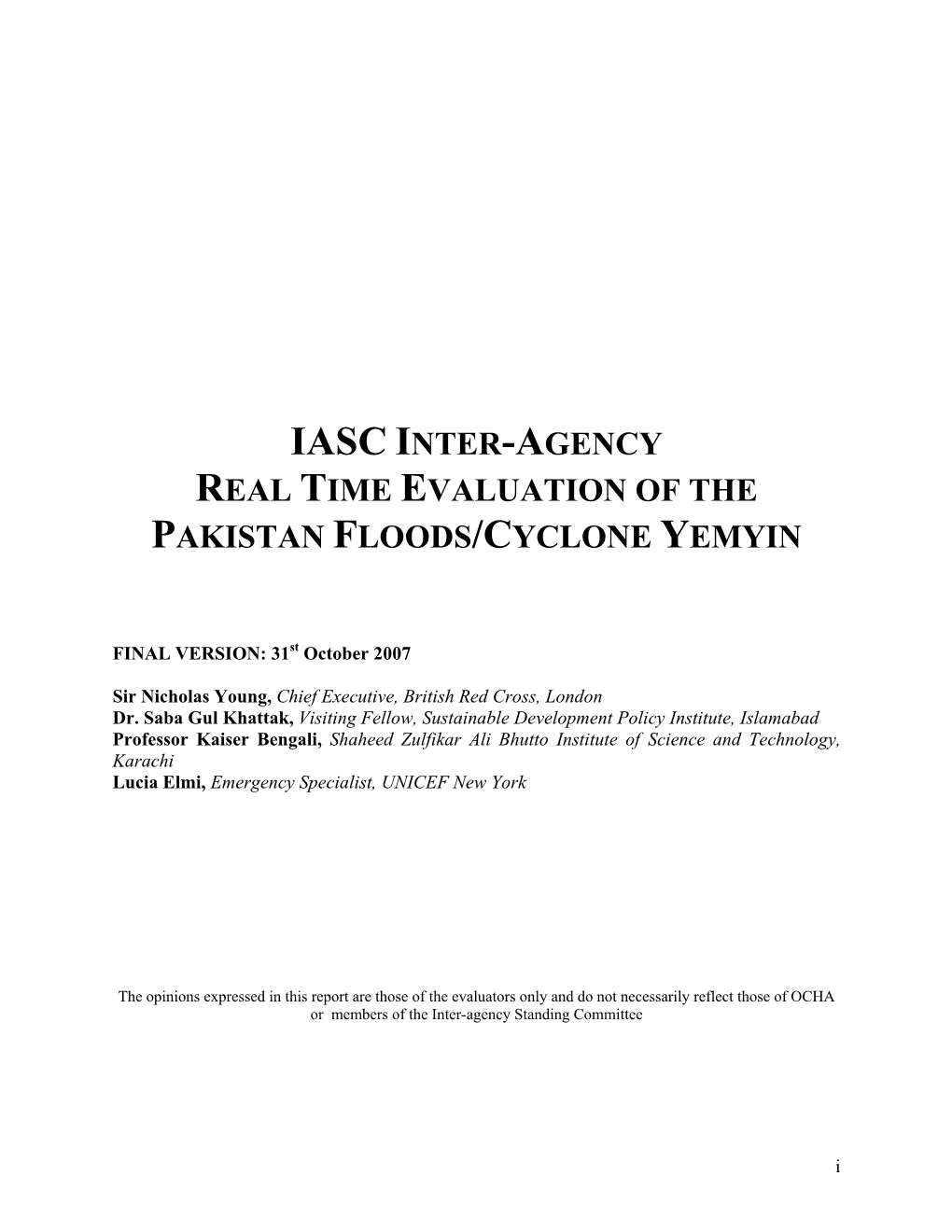 Iasc Inter-Agency Real Time Evaluation of the Pakistan Floods/Cyclone Yemyin