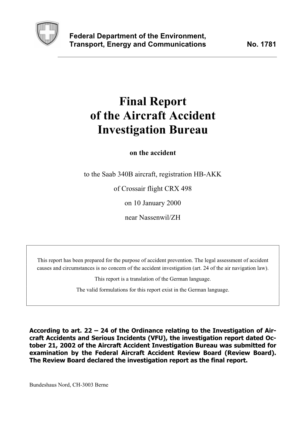 Final Report of the Aircraft Accident Investigation Bureau