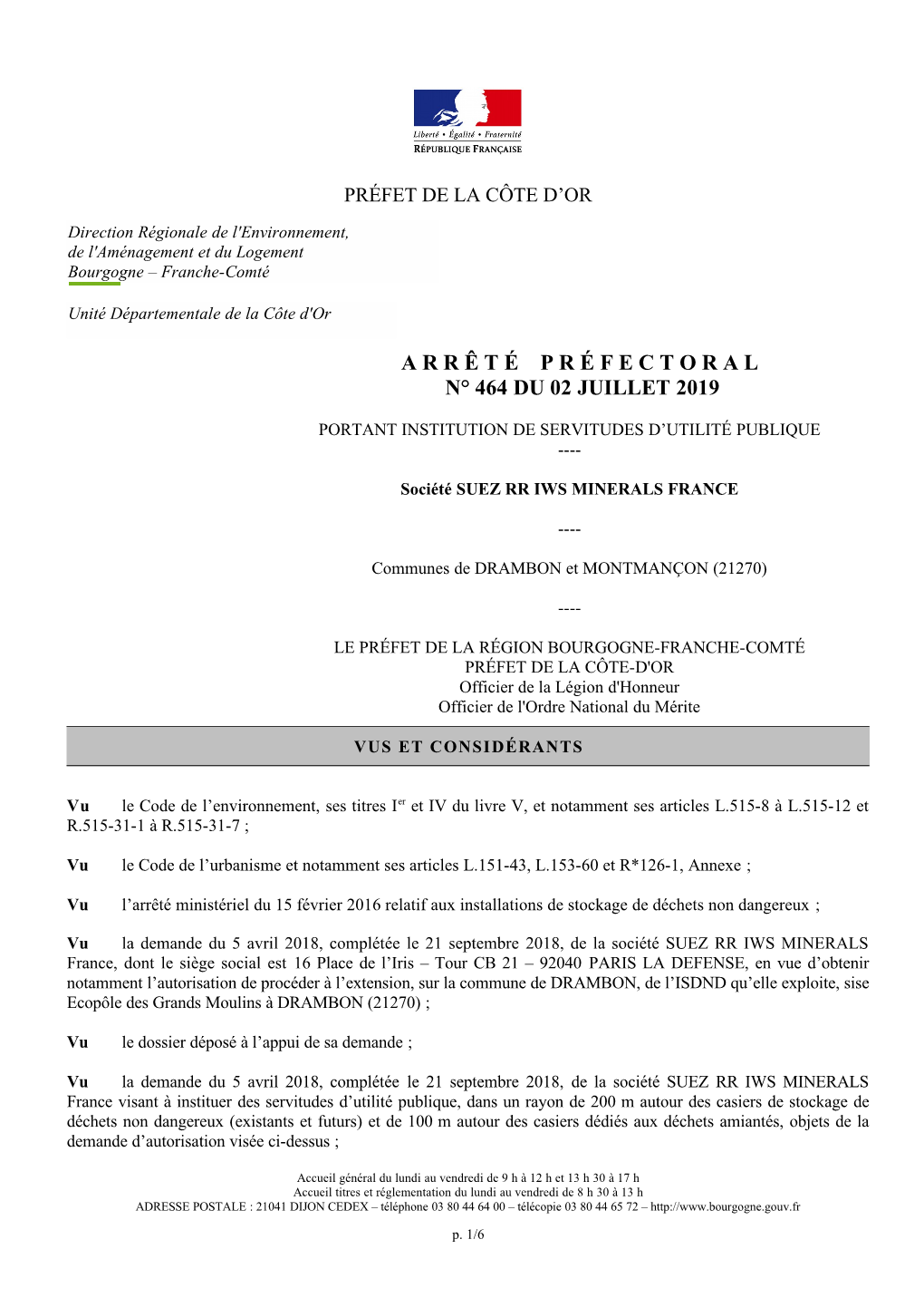 Arrêté Préfectoral Du 02/07/2019 Portant Institution