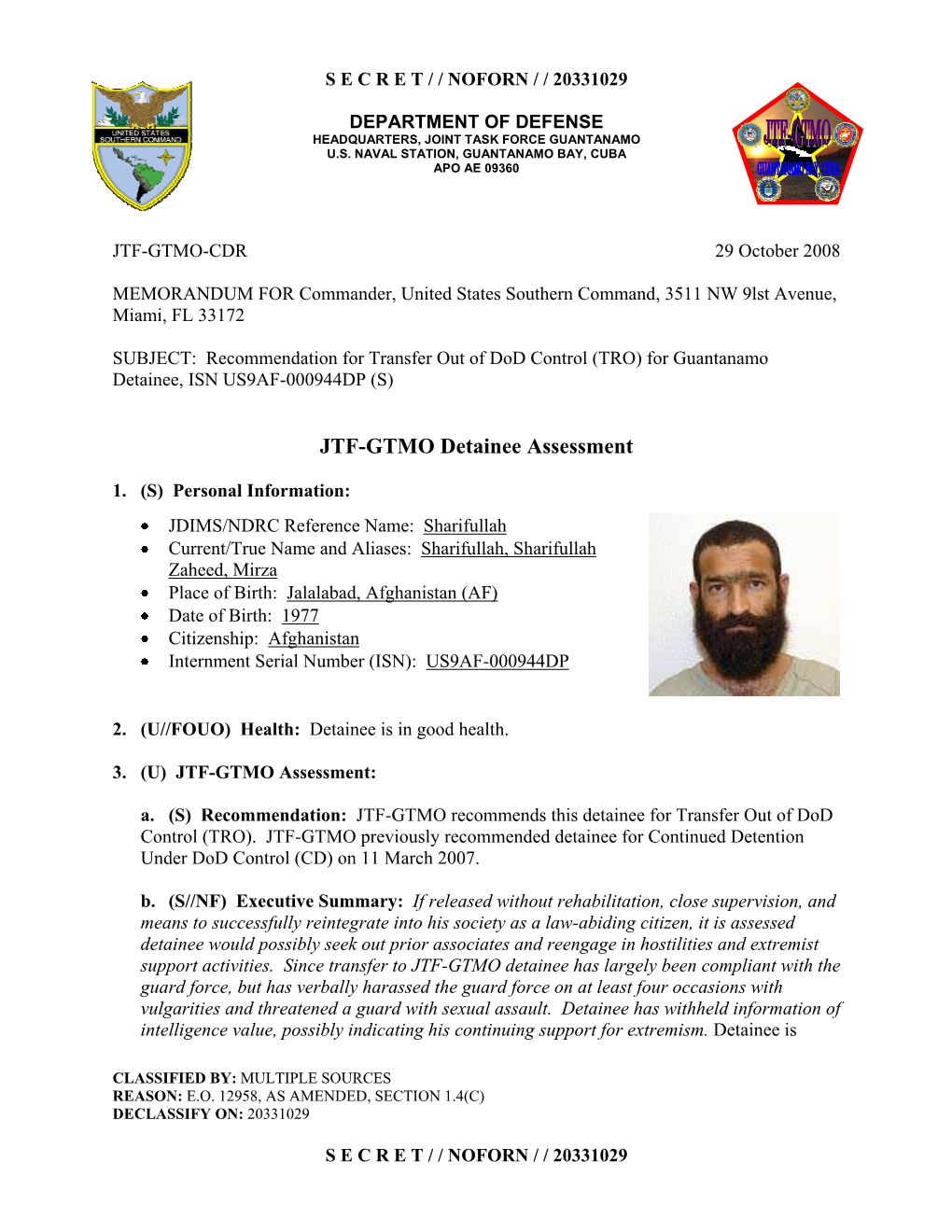 JTF-GTMO Detainee Assessment