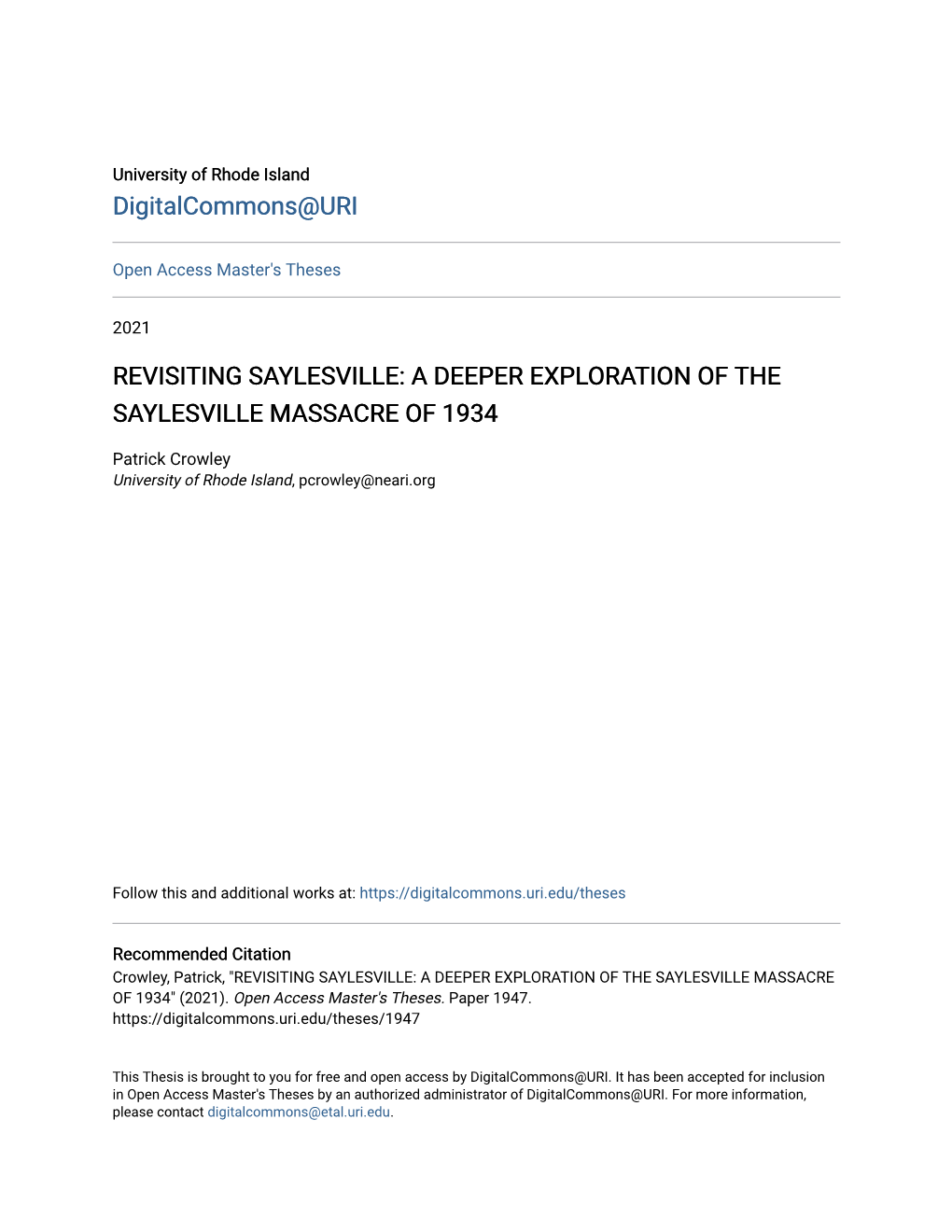 Revisiting Saylesville: a Deeper Exploration of the Saylesville Massacre of 1934