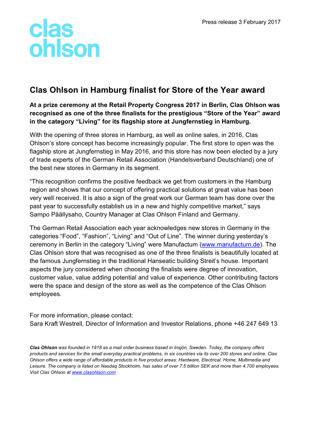 Clas Ohlson in Hamburg Finalist for Store of the Year Award